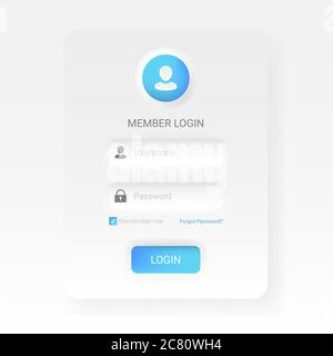 Member login menu in neomorphic or Neomorphism style, modern 2020 minimalistic white design UI UX kit, vector illustration easy to edit. Stock Vector