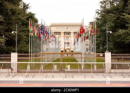 The Aisle of Flags leading to the Palais des Nations of the United Nations building in Geneva. Flags from the 193 member countries in four rows. Stock Photo