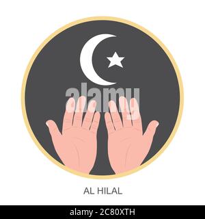 The Crescent Moon and Star Al Hilal Symbolic. The picture of crescent moon, a star and shape of the palm of two hand all explain relevance to Islam. Stock Vector