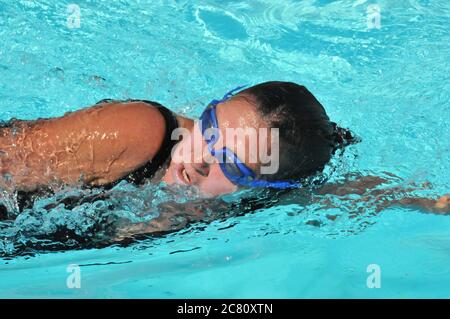 A middle aged woman swimming laps in an outdoor pool. Stock Photo