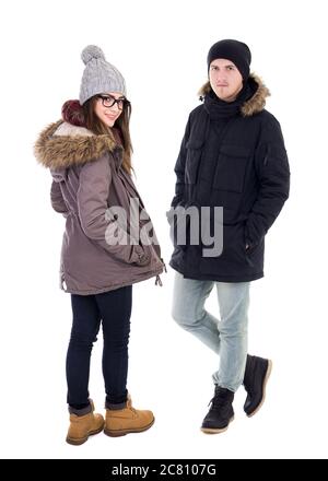 Couple In Fur Hood Jackets Against Snowed Mountain Range Stock Photo 