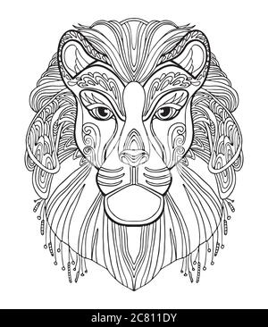 Vector coloring ornamental portrait of lion. Decorative abstract vector contour illustration isolated on white background. Stock illustration for adul Stock Vector