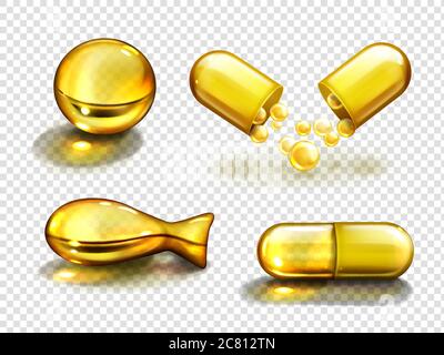 Gold oil capsules, vitamine, bio supplements, fish, round and oval shape pills. Cosmetics, omega 3 golden bubbles, antibiotic gel, isolated serum droplets or collagen essence, realistic 3d vector set Stock Vector