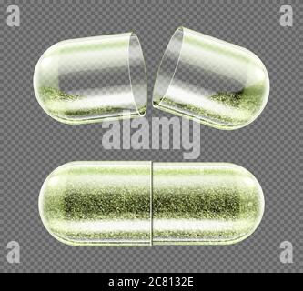 Herb capsule, nutritional supplement, powder pills close and open. Herbal medicine, pharmaceutical natural remedy, organic drug isolated on transparent background. Realistic 3d vector illustration Stock Vector