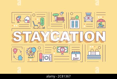 Staycation word concepts banner. Local traveling and sightseeing. Infographics with linear icons on yellow background. Isolated typography. Vector out Stock Vector