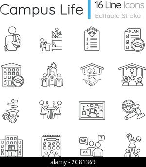Campus life pixel perfect linear icons set. University and college. Student activities. Cheerleading and sports team. Customizable thin line contour s Stock Vector