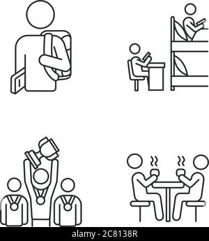 Student life pixel perfect linear icons set. Campus life and activities. Flatmates studying in dormitory room. Customizable thin line contour symbols. Stock Vector