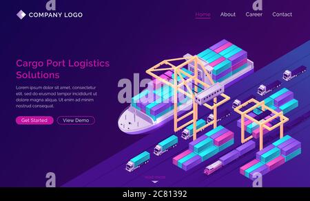 Cargo port logistics solutions banner. Sea freight, international shipping, import and export concept. Vector landing page with isometric ship with containers in commercial dock, crane and trucks Stock Vector