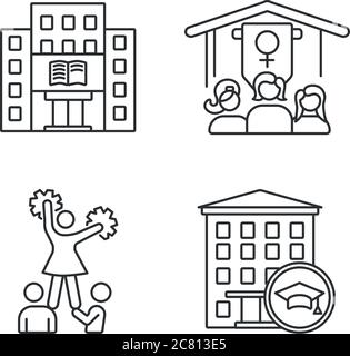 Freshman life pixel perfect linear icons set. University female organizations and sports. Cheerleading. Library building. Customizable thin line conto Stock Vector