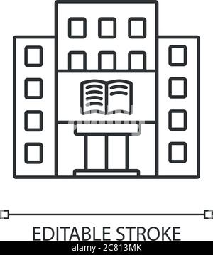 Library pixel perfect linear icon. University, college library. Bookstore. Educational building. Thin line customizable illustration. Contour symbol. Stock Vector