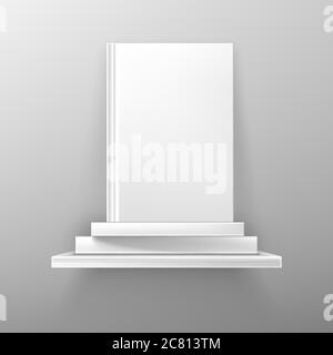 Books on white bookshelf, bestseller mockup with blank cover stand on shelf in library or store. Booklet, diary volumes with empty paperback lying in pile hanging on wall, realistic 3d vector mock up Stock Vector