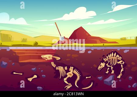 Fossil dinosaurs excavation, paleontology and archeology works. Vector cartoon illustration of landscape with pill of soil, shovel, buried skeletons of prehistoric reptiles underground Stock Vector
