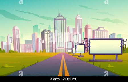 Road to city with billboards, cityscape with skyscrapers, office buildings and modern houses. Urban landscape, empty highway, ad banners and town skyline perspective view Cartoon vector illustration Stock Vector