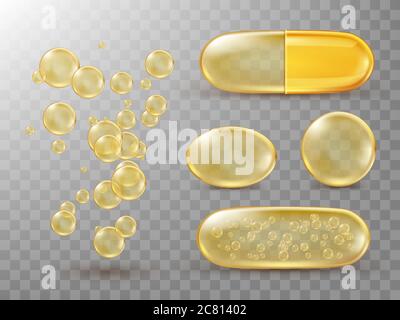 Capsules with oil, gold round and oval pills and filler bubbles isolated on transparent backdrop. Cosmetics, vitamin, omega 3, antibiotic gel, serum droplets, collagen essence, realistic 3d vector set Stock Vector