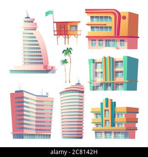 Buildings, hotels in Miami at summer time, modern house architecture. Isolated skyscrapers with glass windows and satellite antennas, palm trees and rescue tower. Cartoon vector illustration, set Stock Vector