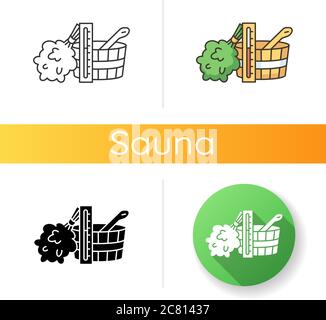 Sauna accessories icon. Linear black and RGB color styles. Bathhouse relaxation, steam therapy. Banya attributes. Termometer, broom, water bucket and Stock Vector