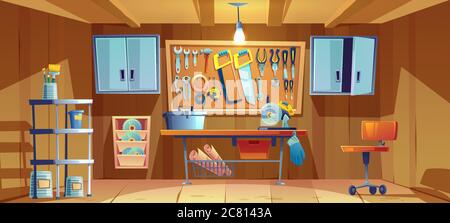 Garage interior with instruments, tools for carpentry and repair works. Empty workshop with mitre saw and toolbox on workbench. Screwdriver, pliers and hammer on wall board Cartoon vector illustration Stock Vector