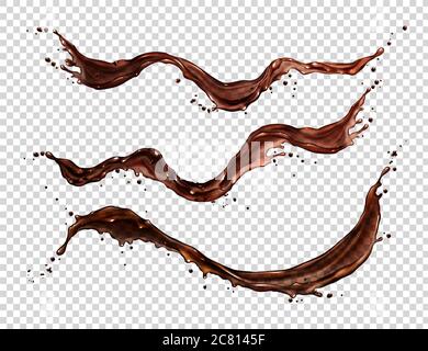 Splash of coffee, cola or tea isolated on transparent background. Vector realistic set of liquid waves of falling and flowing brown drink with drops and bubbles Stock Vector