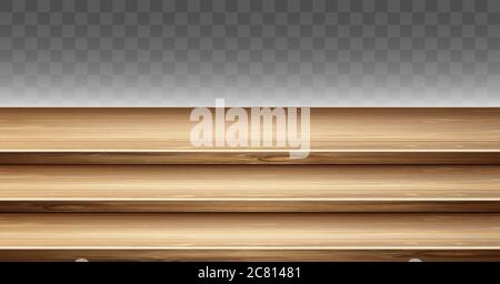 Step wooden table top, 3-tier display stand. Vector realistic mockup of empty wood shelves for showcase, presentation or promotion products. Podium from timbers isolated on transparent background Stock Vector