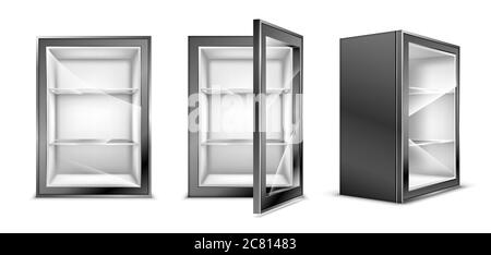 Mini refrigerator for beverages with transparent glass door. Empty gray fridge for fresh food or drinks in supermarket or kitchen. Realistic 3d vector modern cooler with shelves front and corner view Stock Vector
