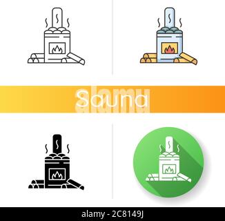Wood burning sauna icon. Linear black and RGB color styles. Traditional russian banya, finnish bathhouse heat source. Fireplace with hot spa stones an Stock Vector