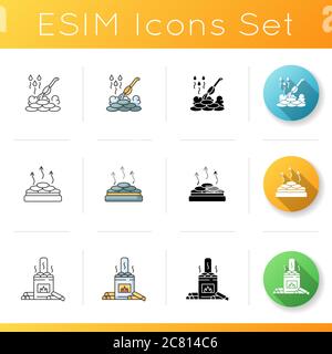 Sauna types icons set. Linear, black and RGB color styles. Different bathhouses. Wood burning, dry heat and wet sauna. Finnish baths and russian banya Stock Vector
