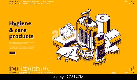 Hygiene and care products isometric landing page with liquid sanitizer, antibacterial soap bar, wet wipes or towels for washing hands. Bathroom toiletries cleaning items, 3d vector line art web banner Stock Vector