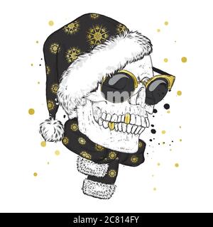 A skull with glasses, a scarf and a Christmas hat. Vector illustration. New Year's and Christmas. Santa Claus. Stock Vector