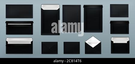Black envelopes template set. Blank closed and open craft paper covers various size, letter package with white sheets. Mock up of folder for business documents and messages, Realistic 3d vector mockup Stock Vector