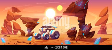 Mars rover on red planet surface explore alien landscape. Robotic autonomous vehicle for space discovery and scientific research with huge wheels, antenna and solar panel, cartoon vector illustration Stock Vector