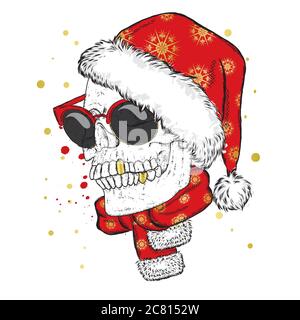 A skull with glasses, a scarf and a Christmas hat. Vector illustration. New Year's and Christmas. Santa Claus. Stock Vector