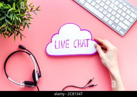 Live Chat Concept - Bubble In Hands On Blue Table Top View Stock Photo 