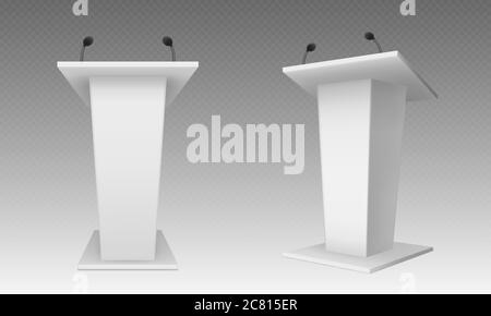 White pulpit, podium or tribune front side view. Rostrum stand with microphone for conference debates, trophy isolated on transparent. Business presentation speech pedestal Realistic vector mock up Stock Vector