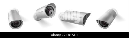 Security cam, cctv video camera, street observe surveillance equipment front and side angle view. Secure guard eye and crime prevention isolated on white background. Realistic 3d vector illustration Stock Vector