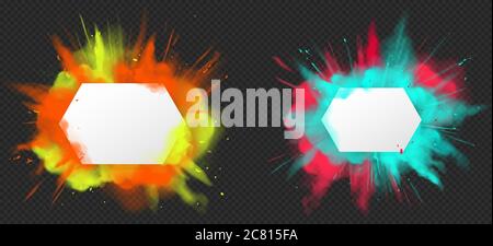 Holi paint powder color explosion banner realistic vector. Yellow red green dust splash, spring holiday paint burst with white clear blank paper isolated on dark, decorative element indian fest Stock Vector