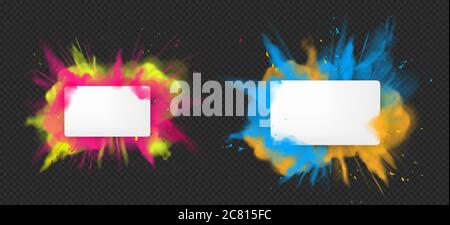 Holi paint powder color explosion banner realistic vector. Blue pink yellow dust splash, spring holiday paint burst with white clear blank paper isolated on dark, decorative element indian fest Stock Vector