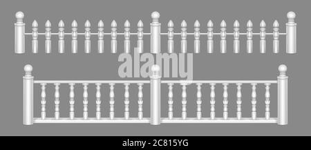 Marble balustrade, white balcony railing or handrails. Banister or fencing sections with decorative pillars. Panels balusters for architecture design isolated elements Realistic 3d vector illustration Stock Vector