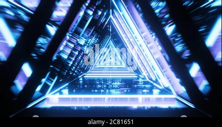 Abstract futuristic corridor with triangles, fluorescent ultraviolet light, colorful laser neon lines, geometric endless tunnel, blue spectrum, 3d ill Stock Photo