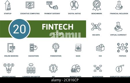 Fintech icon set. Collection contain virtual currency, hackathon, crowdfunding, cognitive computing and over icons. Fintech elements set Stock Vector