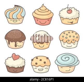 Smiling muffins or cupcakes childish drawings collection. Each with different facial expression. Stock Photo