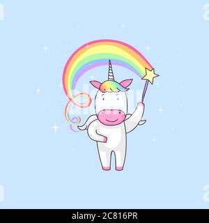 Cute cartoon of a unicorn creating rainbow with a magic stick Stock Photo