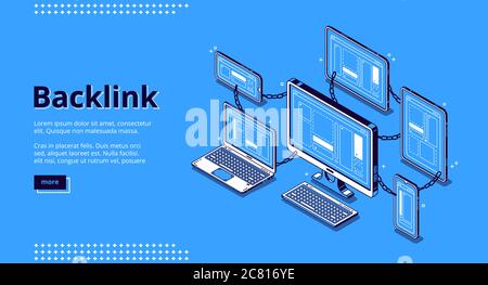 Backlink banner. Concept of building hyperlink system, cooperation of websites, seo optimization. Vector landing page of inbound connect with isometric illustration of sites chain, computer network Stock Vector