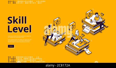 Skill level isometric landing page. Professional education and knowledge concept with tiny characters sitting on huge book piles using gadgets for reading and studying. 3d vector line art banner Stock Vector