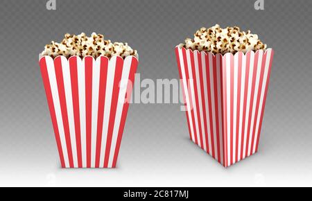 Striped paper box with popcorn isolated on white background. Vector realistic mock up of white and red bucket with pop corn for cinema or movie theater front and angle view Stock Vector