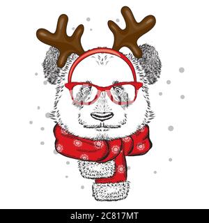 Funny panda wearing glasses and with horns. Bear in deer costume. Vector illustration for a card or poster, print on clothes. New Year's and Christmas Stock Vector