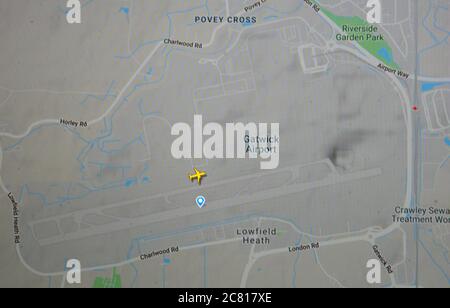 air traffic on London Gatwick airport (18 july 2020, UTC 16.25) on Internet with Flightradar 24 site, during the Coronavirus Pandemic Stock Photo