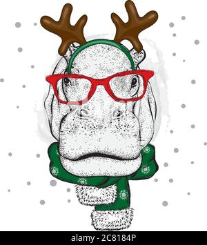 Funny Hippo in glasses and with horns. Hippopotamus in a deer costume. Vector illustration for a card or poster, print on clothes. New Year's and Chri Stock Vector