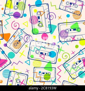 Seamless pattern with old school cassette tapes and neon colored 80s style doodles Stock Photo