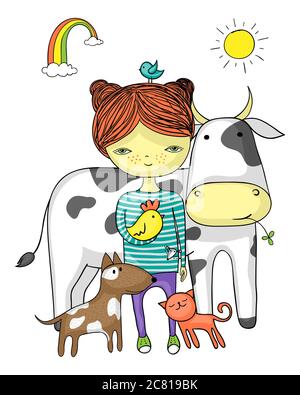 Illustration of a cute child with a mouse in her pocket holding a chicken, surrounded by a cow, a cat and a dog. Rainbow and sun in the background. Stock Photo