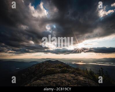 Sun sets over Appalachian Trail and mountains and lakes of Maine Stock Photo